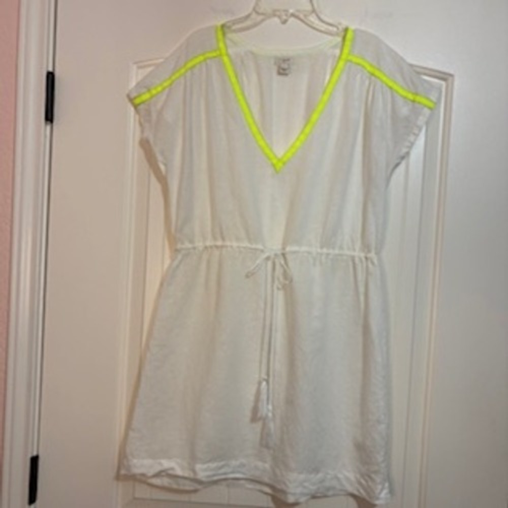 J.Crew Women White Linen Cotton Yellow Silver Trim V-Neck Mini Dress Cover-Up S